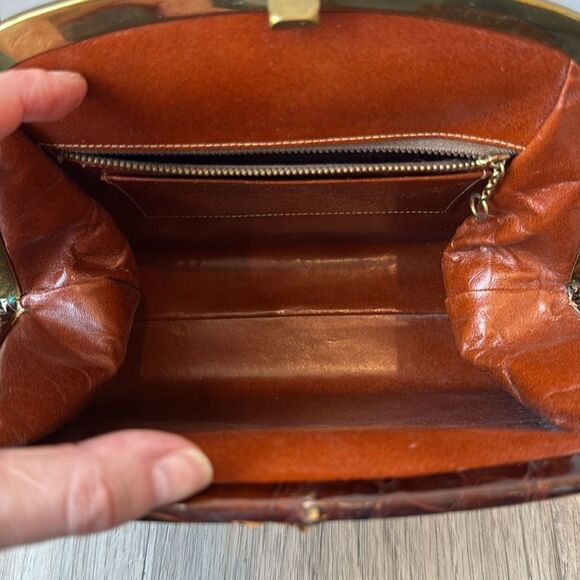 Vintage Ideal Leather Crocodile Bag Brown Embossed Brass Clasp - Picture 8 of 13